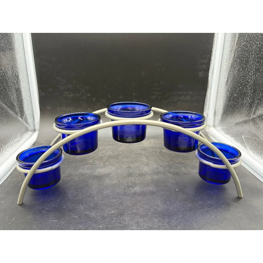 Cobalt Blue Glass Votive Candle Holder Set 5 Cup Arched Silver Metal Stand 12in